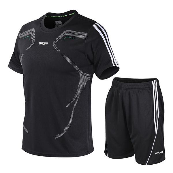 

two-piece o-neck summer suit men fashion fitness suit quick-drying short tracksuit men sweat jogger set sport pants, Gray