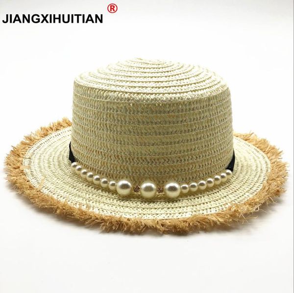 

2018 new flat straw hat summer spring women's trip caps leisure pearl beach sun hats breathable fashion flower girls hat, Blue;gray