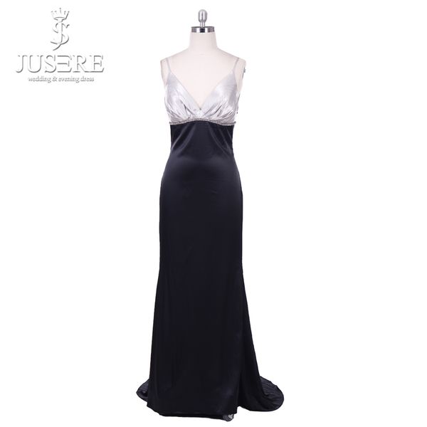 

spaghetti straps v neckline pleat open back silk evening dress black prom dress with sweep train in stock, White;black