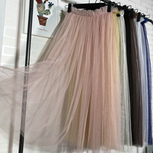 

elexs 2018 single-layer 80cm long tulle skirt transparent pleated mesh skirt women perspective e8522, Black