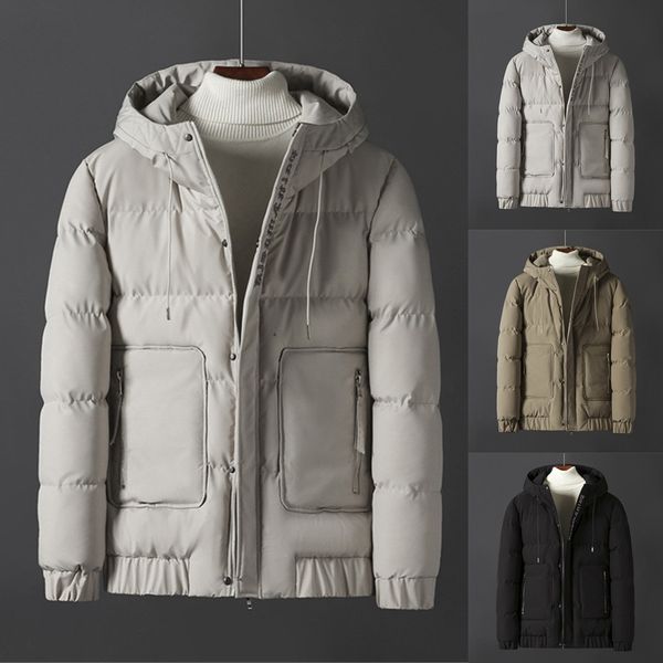 

parka hooded men's winter jacket solid color blouse outwear thicken warm casual zipper winter coat men erkek mont 2020, Black