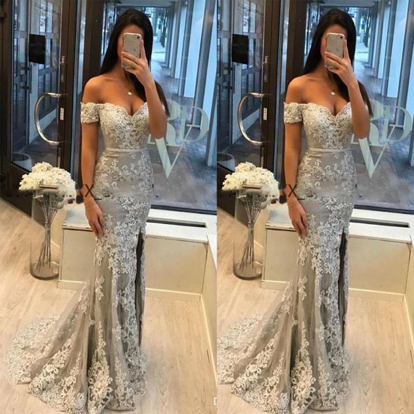 

gray mermaid evening dresses off shoulder lace applique high side split floor length prom dress evening gowns abendkleider robes de soirée, Black;red