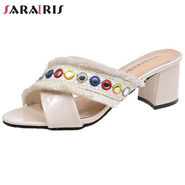 

sarairis female breathable outdoor beading summer mules fashion high heels pumps women elegant sewing ethnic shoes woman, Black