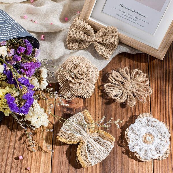 

28 pcs natural burlap flowers including vintage burlap rose flowers, jute twine flowers, bowknot
