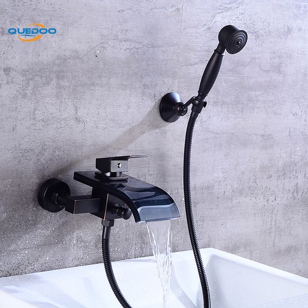 

shower faucets square wall mounted waterfall glass spout bathroom bath handheld shower set tap mixer bathtub orb faucet