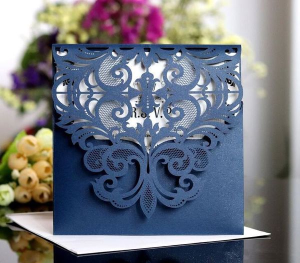 

2019 Navy Blue Wedding Invitations Cards With Hollow Out Rustic Black Laser Cut Invitation Card Flowers Elegant Party Invites