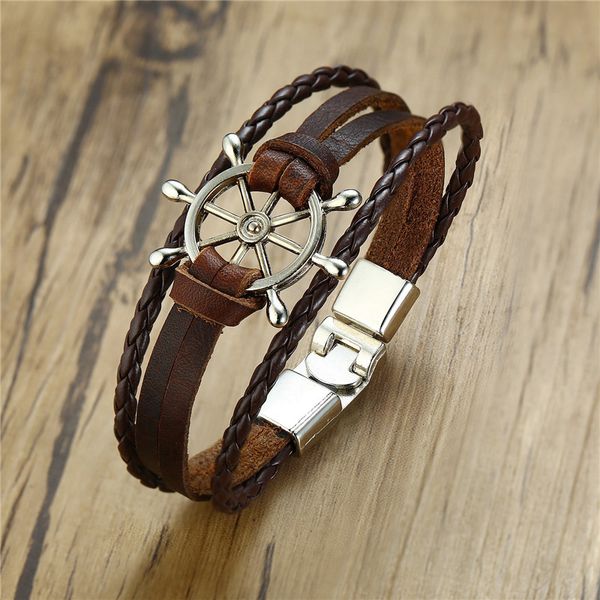 

charm bracelets zorcvens 2021 fashion vintage rudder bracelet for men multi-layer leather rope bangles, Golden;silver