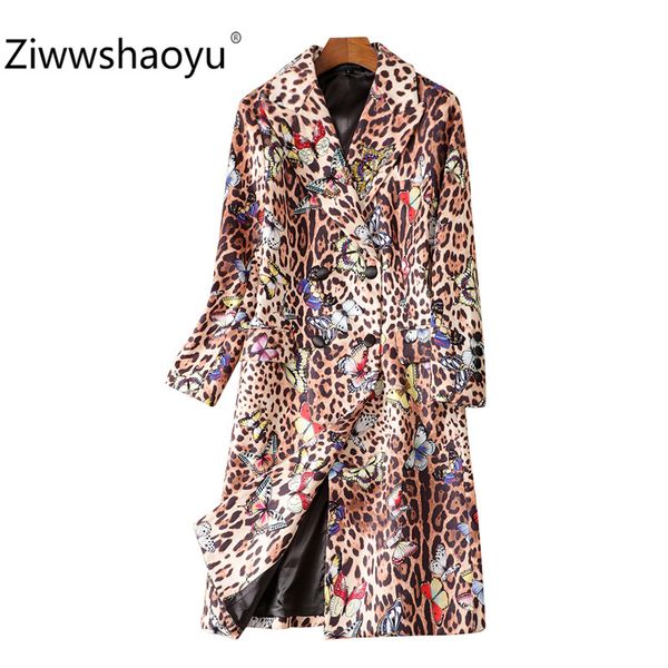 

ziwwshaoyu women's autumn winter runway vintage leopard print overcoat outwear long sleeve diamond double breasted outwear, Black