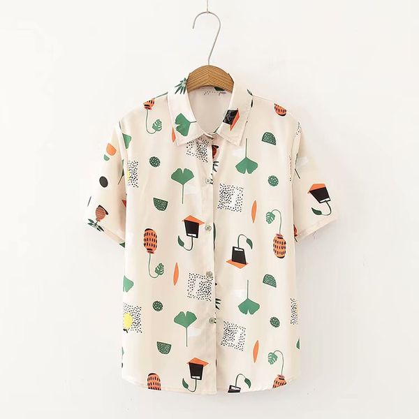 

women's blouses & shirts cartoon print korean style blouse and women 2021 summer sweet turn-down collar short sleeve casual loose chif, White