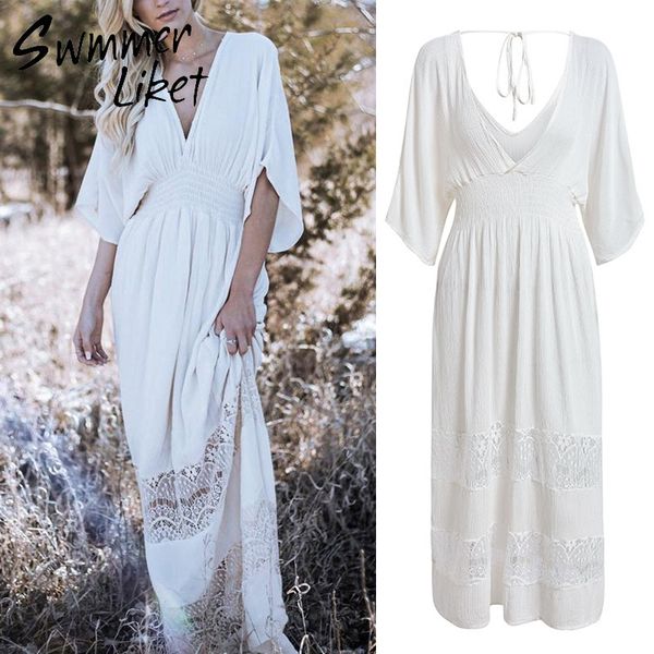 

lace white cover-ups ankle length dress kaftan summer 2019 tunic women' swimsuit cover up fashion beach cardigan robe de plage, Blue;gray