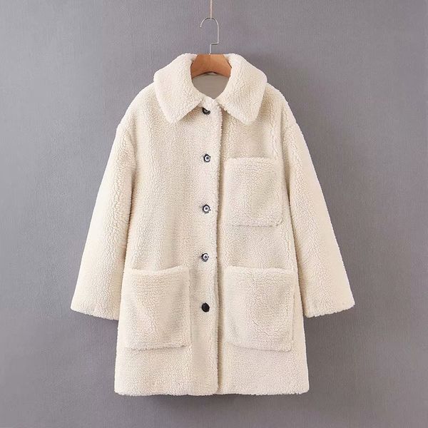 

women lamb fur coat 2019 fashion turn down collar pockets buttons solid female autumn winter casual highstreet outwear chic coat, Black