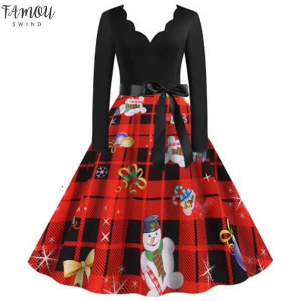 

женщины рождество платье большой свинг печати vintage платье winter casual с длинным рукавом v шеи sexy новый год платье партии плюс размер, Black;gray