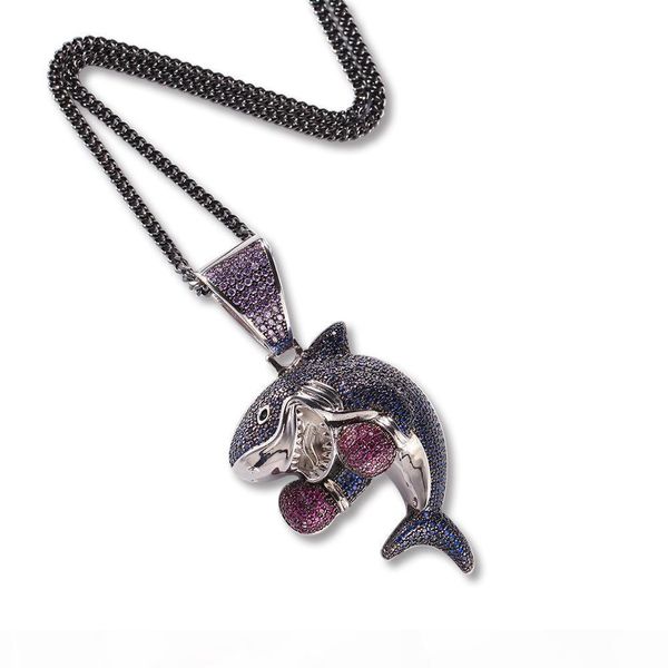 

colored boxing shark pendant necklace fashion iced purple blue color cubic zirconia shark hiphop jewelry drop shipping, Silver