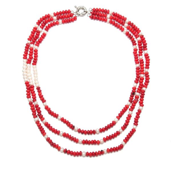 

coral beaded necklace for women charms jewelry oval 3 layer natural coral stone beads necklace girls gifts 48cm, Golden;silver