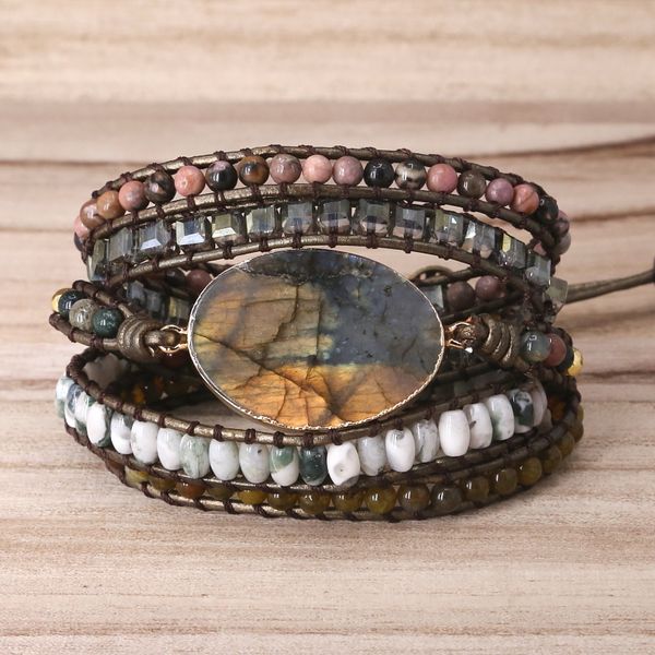

labradorite stone vintage leather bracelet mix stones beads women 5 layers wrap bracelet boho handmade bracelet jewelry gift, Golden;silver