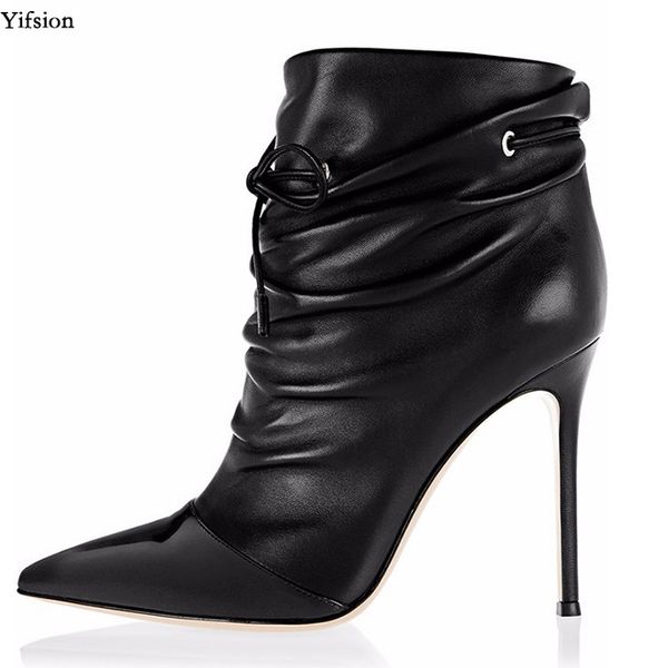 

yifsion new women pleated ankle boots stiletto high heels boots nice pointed toe black office shoes women plus us size 5-15