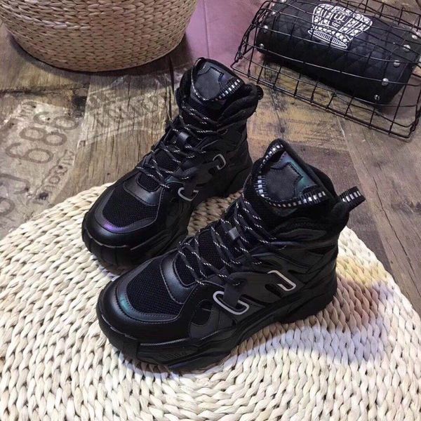 

new black genuine leather mesh women's boots 2020 spring autumn fashion high-platform color matching lace-up casual booties