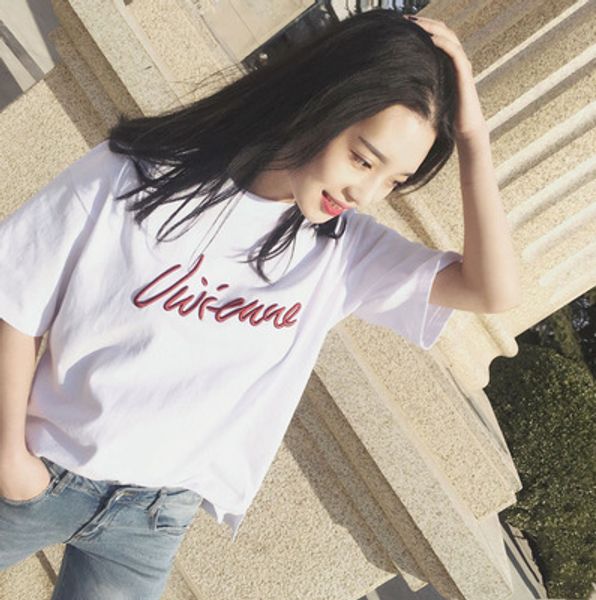 

white short-sleeved t-shirt female loose korean version of the summer new round neck harajuku style half sleeves inside the bottom coat wg63