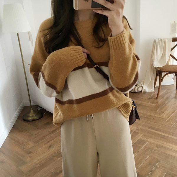 

women's sweaters loose sweater head early autumn striped long-sleeved thick warm winter 2021, White;black