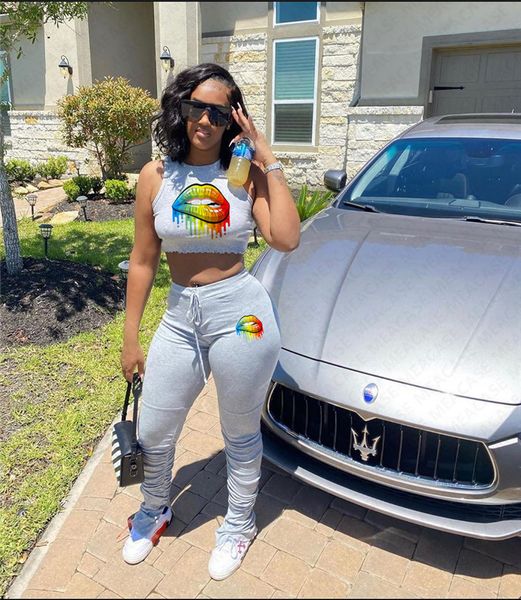 

women clothes rainbow lips print tracksuit t shirt tee crop + pants leggings two piece sets outfits summer fashion sportsuit d7301, White