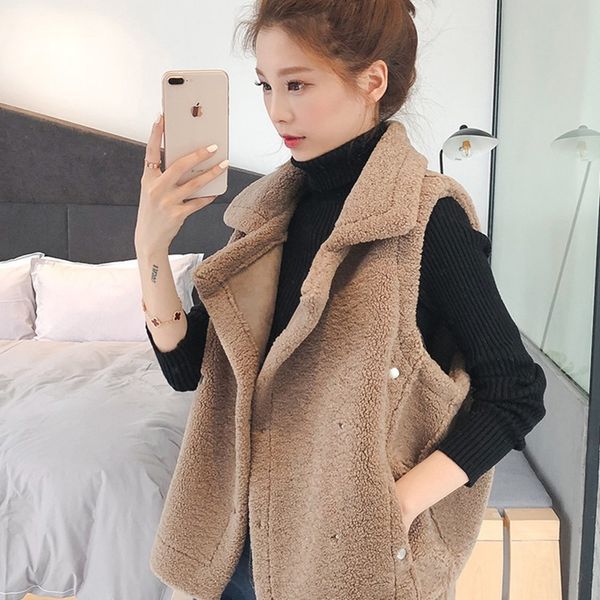 

winter fluffy waistcoat women's vest female coats casual sleeveless plush outwear cardigan pockets solid plus size jumper dd2372, Black;white