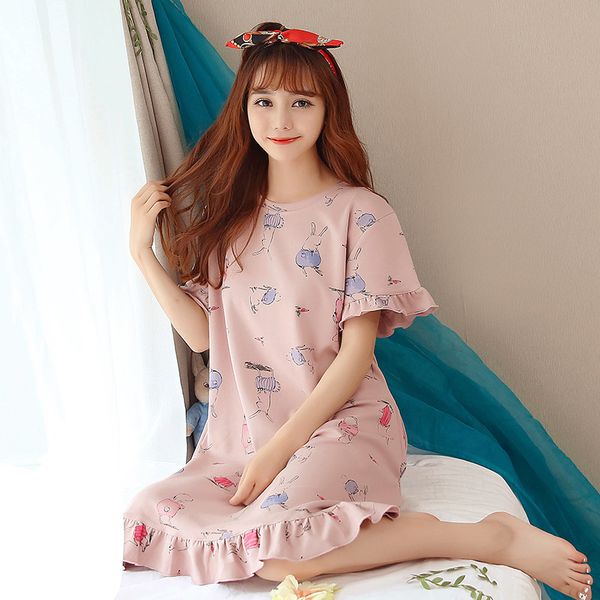 

new cute cartoon print nightgown nightdress ruffles with pockets cotton short sleeve summer loose lounge pyjamas d81601, Black;red