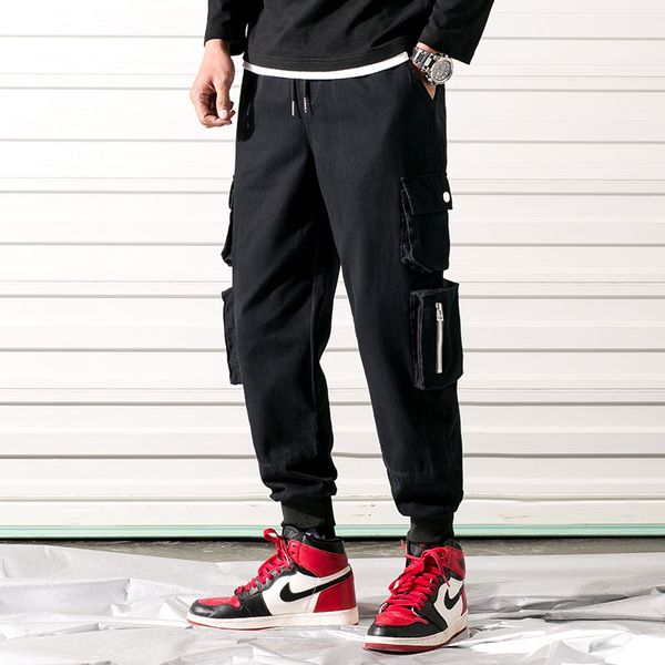 

2020 new spring autumn cargo pants mens pockets joggers mens hiphop casual loose solid pants male japanese sweatpants men, Black
