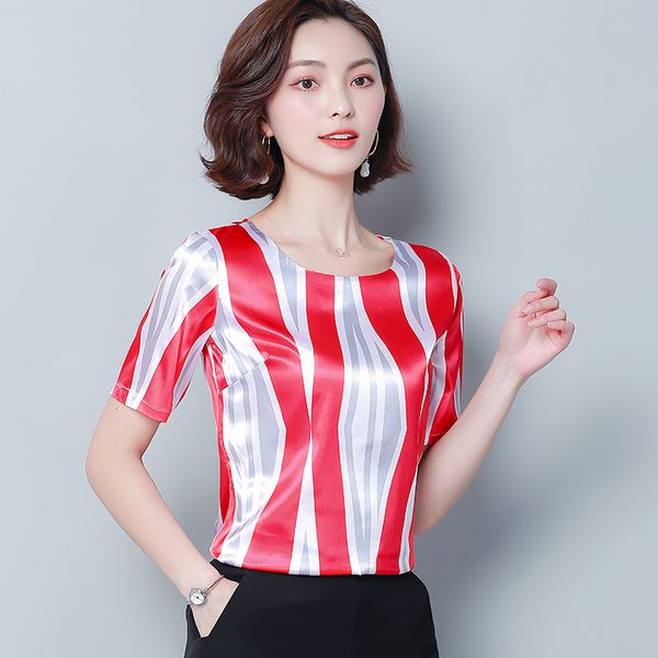 

korean fashion summer silk women blouses striped short sleeve women shirts plus size xxxl blusas femininas elegante, White