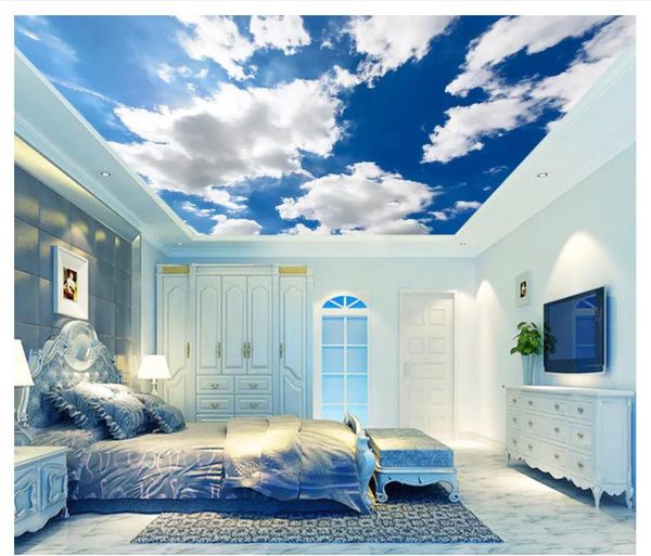 Custom 3d Silk Photo Background Ceiling Beautiful Blue Sky And White Clouds Living Room Zenith Ceiling Mural Wallpaper For Walls 3d Desktop Wallpapers