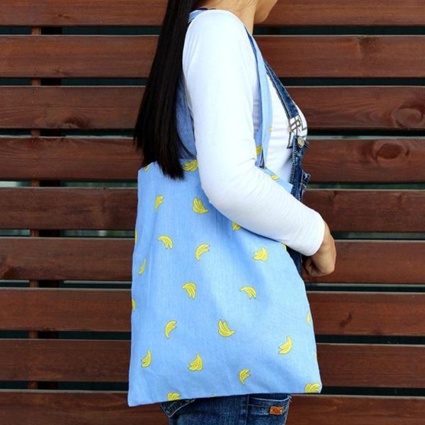 

eco-friendly shopping bag women handbag banana print casual cotton tote satchel foldable beach bag daily use