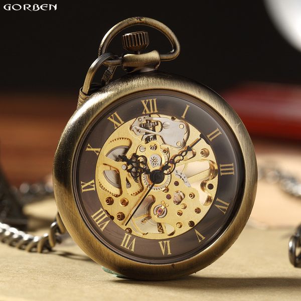 

new retro bronze roman numbers mechanical pocket watch for men women with fob chain skeleton hand-winding pocket watch, Slivery;golden