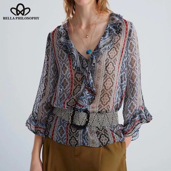 

wonder spring long falre sleeve blouse shirts bohemian vintage female ruffles v-neck blouse casual print floral lady 2019, White