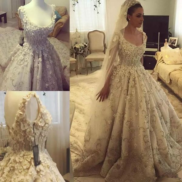 

luxury lace ball gown wedding dresses scoop neck 3d floral appliques beads rhinestone suadi arabic beach wedding dress sweep train plus 4320, White