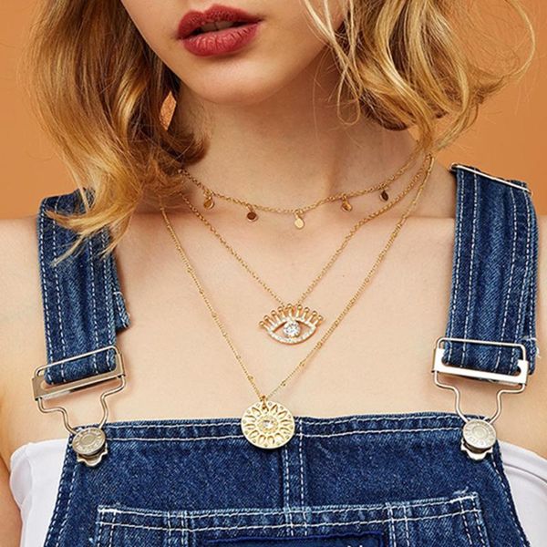 

lalynnly retro evil eyes multi-layer necklace women girls jewelry gold round pendant necklace bohemian statement jewelry n71641, Golden;silver