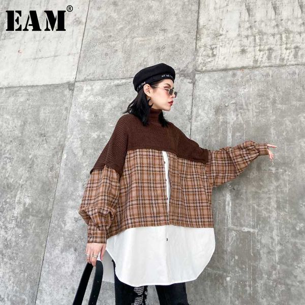 

eam] women plaid split knitting big size blouse new turtleneck long sleeve loose fit shirt fashion spring autumn 2020 1n308, White