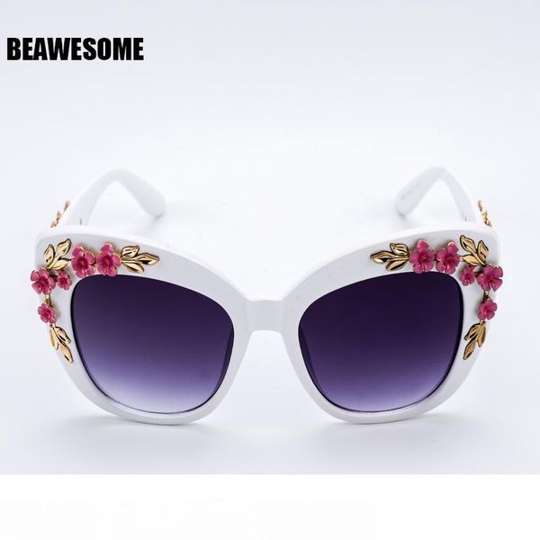 

2018 new luxury queen cat eye sunglasses women rose flower vintage girls oculos de sol oversize brand design women sunglass 9621 mx190723, White;black