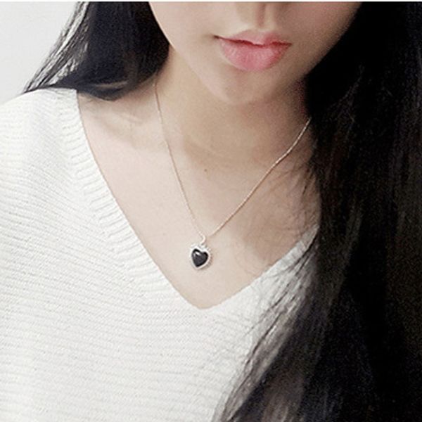 

romantic 925sterling silver jewelry heart shape black agate choker necklace natural stone lover bead chain pendant gifts