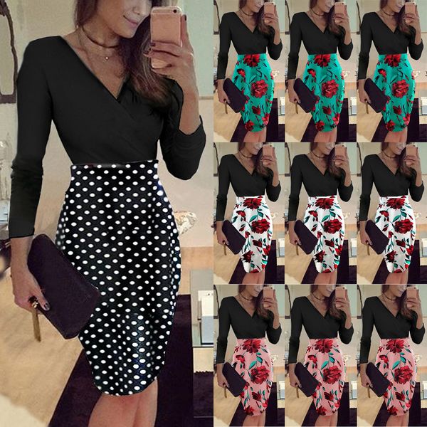 

женские дизайнерские платья с длинным рукавом v-образным вырезом печати шить тонкий платье, Black;gray