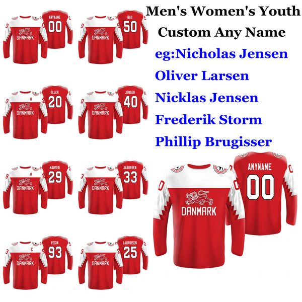 

2019 iihf world championship denmark hockey jerseys jesper jensen jersey morten madsen lars eller peter regin simon nielsen custom stitched, Black;red