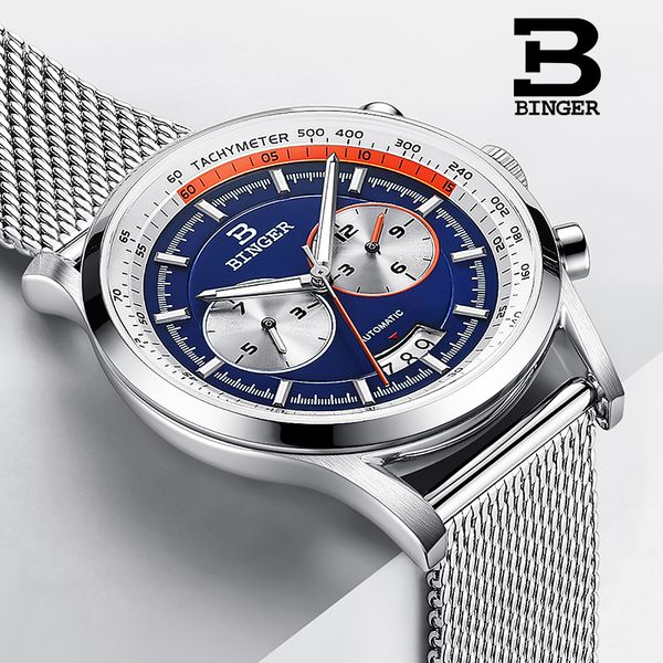 

switzerland brand binger automatic watch for men stainless steel wrist watches luxury mechanical clock relogio masculino 2019, Slivery;brown