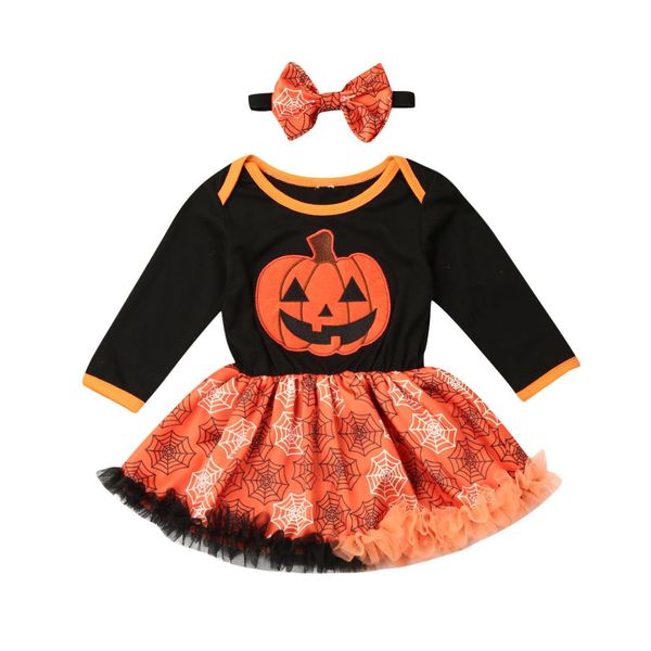 

0-24m fashion newborn baby girl halloween outfits pumpkin romper lace frill tutu dress+headband 2pcs baby girl clothes, Red;yellow