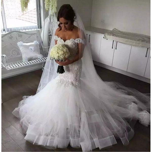 

elegant mermaid wedding dresses boho off the shoulder crochet lace boho country wedding dress 2020 tulle bridal gowns vestidos de noiva, White