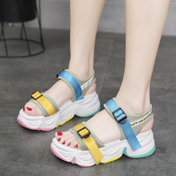 

rainbow sole open toe sport sandals women color buckle casual platform wedge sandals summer outdoor beach shoes women 2020, Black