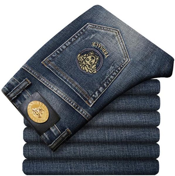 

men's stretch denim pants slim straight medusa embroidered fall/winter trend pants, Blue