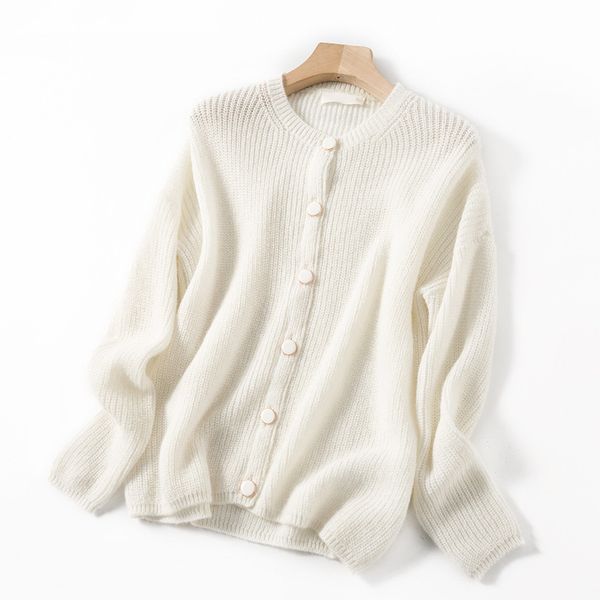 

women sweater new solid color round neck mohair cardigan, White