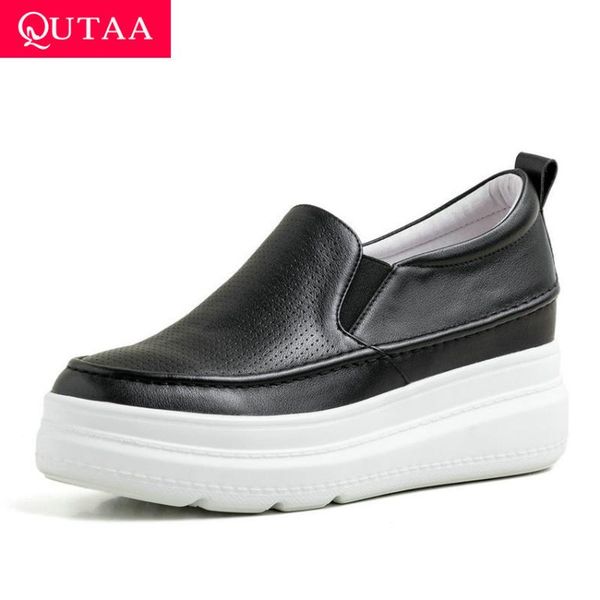 

qutaa 2020 round toe cow leather platform lace up all match women shoes spring autumn wedge heel quality sneakers size 34-39, Black