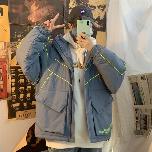 

winter new coat men's warm padded fashion parka men contrast color casual hooded coat man wild loose cotton jacket male clothes, Black