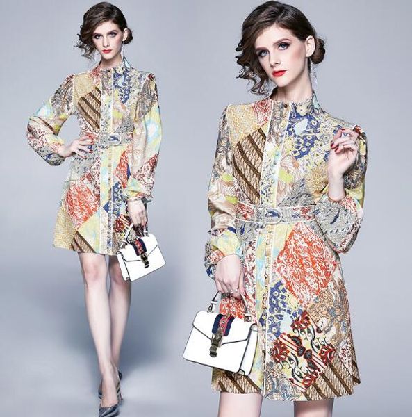 

european and american style stand collar fashion printing long sleeve slim short skirt, Black;gray