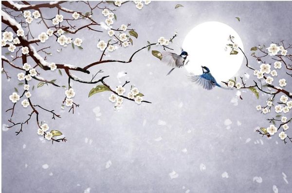 

новый китайский стиль белый цветок обои луна 3d обои тв фон обои настенная роспись