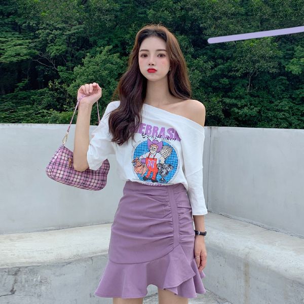 

two piece set women summer clothes 2020 new one shoulder short sleeve t-shirt + high waist purple short skirt 2 piece set women, Gray